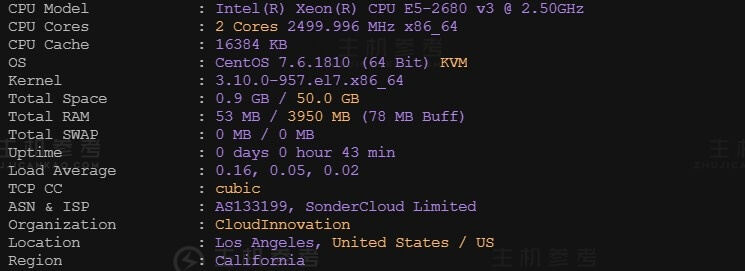 恒创科技SonderCloud，美国VPS综合性能测评报告，美国洛杉矶机房，CN2+BGP优质线路，2核4G内存10Mbps带宽，适用于稳定建站业务需求